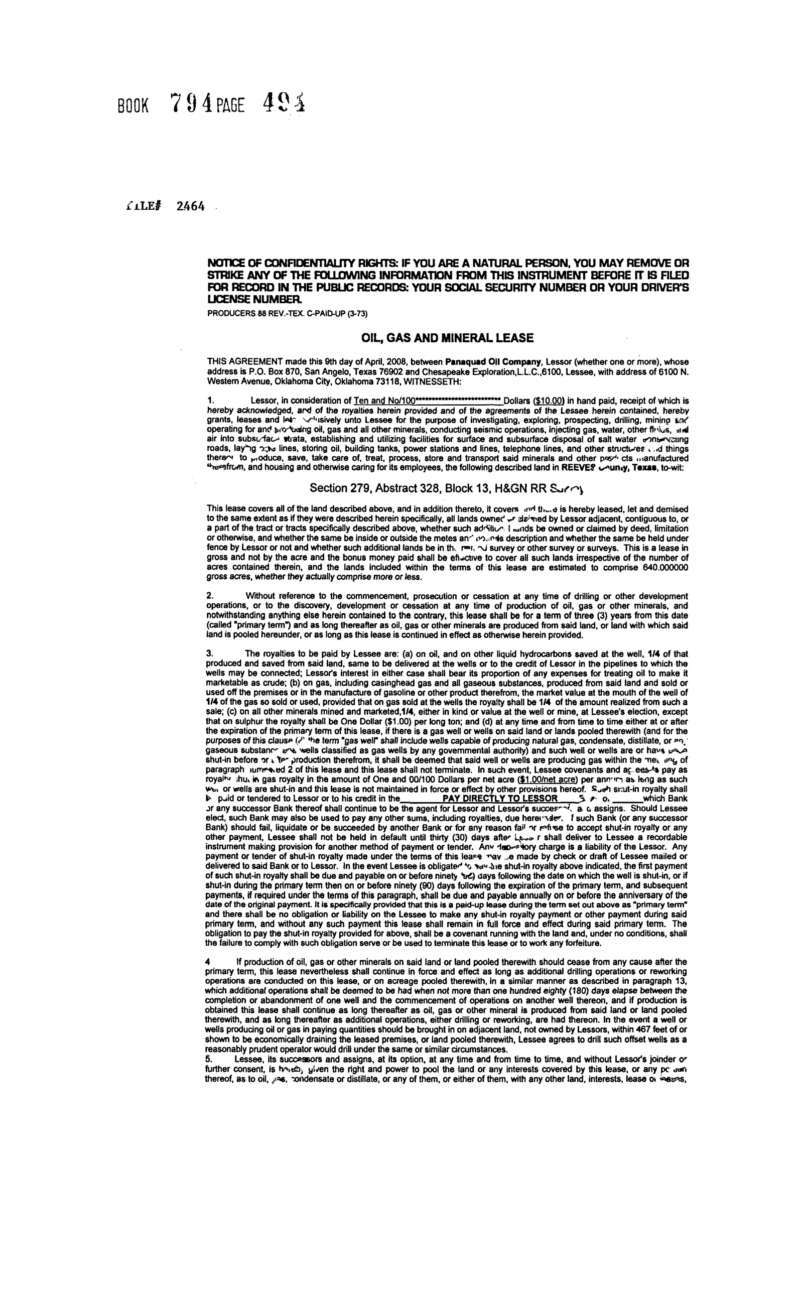 Panaquad Oil Company - Recorded Oil, Gas & Mineral Lease (Doc #20787777)